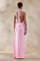 Rosina | Pink Halter-Neck Draped Maxi Dress With Sash