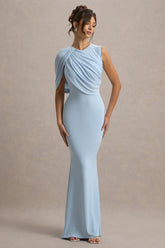 Rae | Powder Blue Maxi Dress With One-Sleeve Cape
