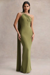 Mandy | Olive Asymmetric-Neck Maxi Dress With Gold-Detail
