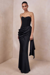 Oakley | Black Satin Bandeau Maxi Dress With Draped Skirt