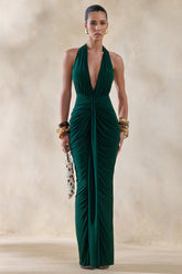Lesley | Bottle Green Plunge-Neck Maxi Dress
