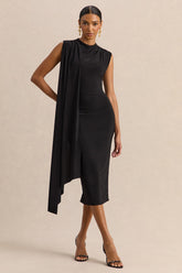 Oleandra | Black High-Neck Midi-Dress With Draped-Detail