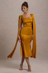 Nalda | Mustard Square-Neck Midi Dress With Cape Sleeves