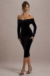 Compliment | Black Velvet Bardot Midi Dress