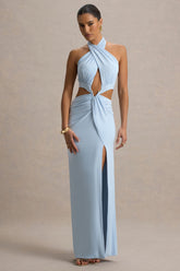 Aura | Powder Blue Halter-Neck Cut-Out Split Maxi Dress