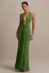 Hera | Green Extreme Plunge Maxi Dress With Ruched Detail