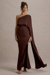 Amora | Brown Satin Asymmetric Cape-Sleeve Split Maxi Dress