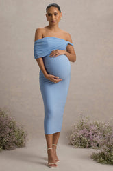 Jen | Powder Blue Bardot Twisted Maternity Midi Dress