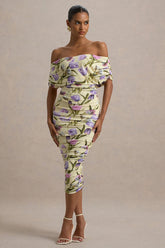Rayleigh | Tulip Floral Print Bardot Ruched Midi Dress
