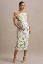 Salome | Lemon Floral Print Twisted Asymmetric Maternity Midi Dress