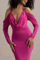 Hurghada | Hot Pink Plunge-Neck Long-Sleeve Maxi Dress