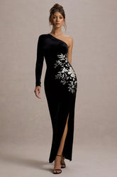 Chance | Black Embroidered Velvet One-Sleeve Maxi Dress