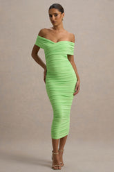 Unwrapped | Light Green Ruched Twist Bardot Midi Dress