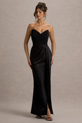 Edel | Black Satin Strapless Maxi Dress With Drape