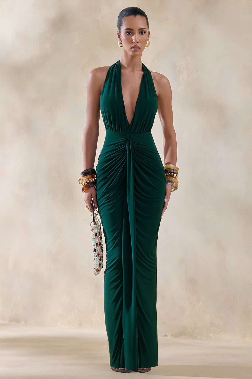Lesley | Bottle Green Plunge-Neck Maxi Dress