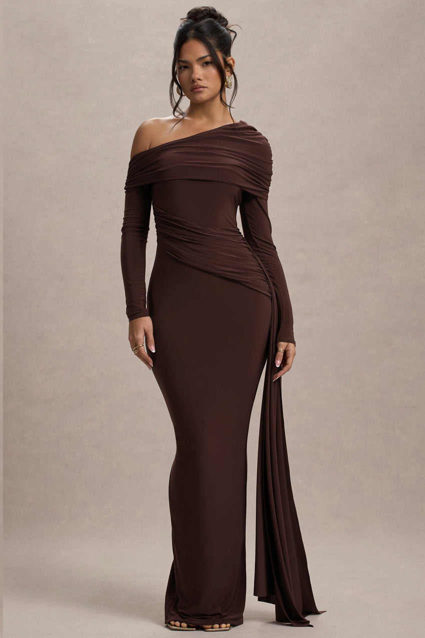 Valina | Brown Ruched Asymmetric Maxi Dress With Drape
