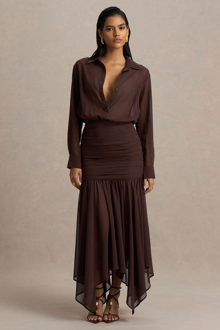 Kris | Brown Plunge-Neck Maxi Dress With Ruched Detailing