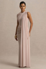 Brenda | Champagne Crew-Neck Maxi Dress With Mesh Cape And Sash