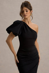 Vittoria | Black Asymmetric Puff-Sleeve Split Maxi Dress