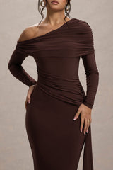 Valina | Brown Ruched Asymmetric Maxi Dress With Drape